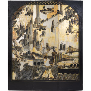 Appraisal: An Art Deco Black and Gilt Painted Three-Panel Screen Depicting