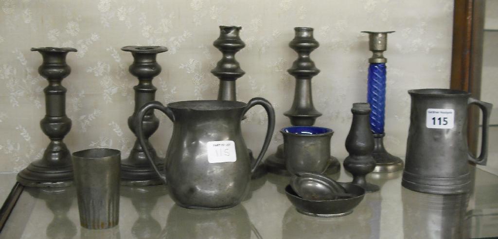 Appraisal: Two pairs of pewter turned candlesticks together with other pewter