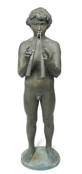 Appraisal: A patinated bronze figure modeled as a young boy playing