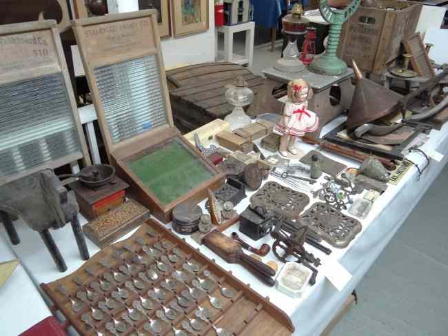 Appraisal: Misc table lot including copper funnel knife set in wooden