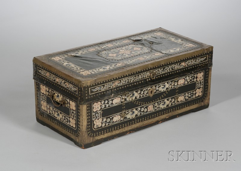 Appraisal: Chinese Export Brass-mounted Polychrome Painted Floral Decorated Black Leather-clad Camphorwood