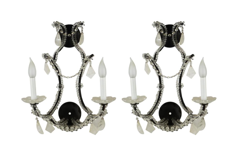 Appraisal: PAIR OF TWIN-LIGHT SCONCESwith rock crystal drops and iron frames