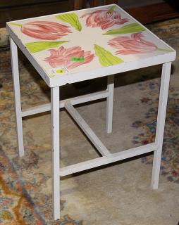 Appraisal: Moderne polychrome decorated table the square top decorated with pink