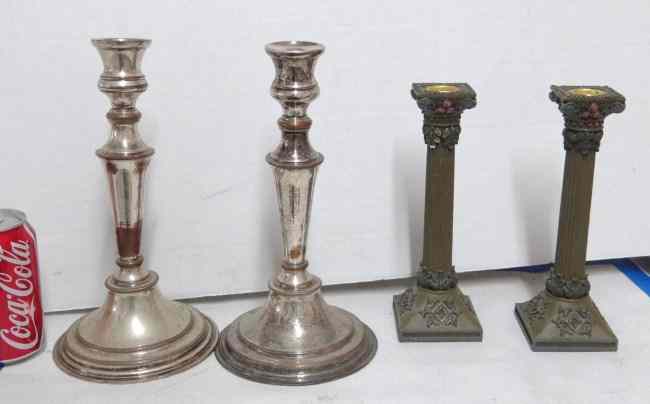 Appraisal: Lot two pairs candlesticks including silverplate '' Ht and composition