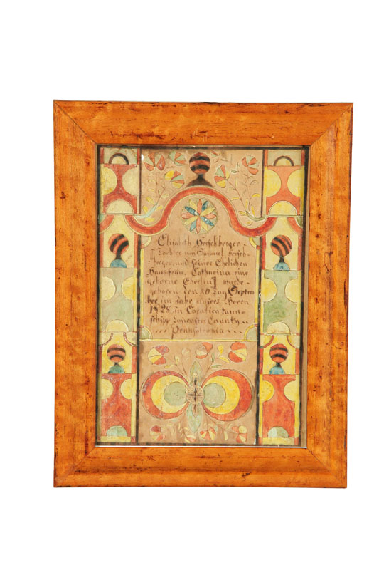 Appraisal: FRAKTUR ATTRIBUTED TO SAMUEL BENTZ PENNSYLVANIA ACT - Watercolor and