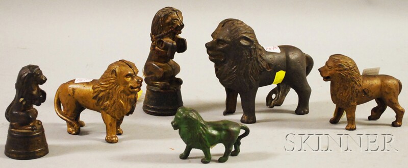 Appraisal: Six Cast Iron Lion Figural Still Banks some with paint