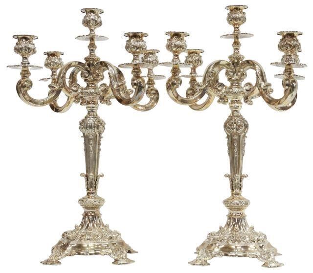 Appraisal: pair Portuguese Baroque style silver candelabra mid th c five