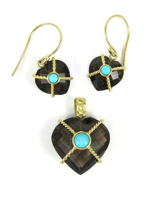 Appraisal: THREE ARTICLES OF SMOKY QUARTZ AND TURQUOISE JEWELRY including a