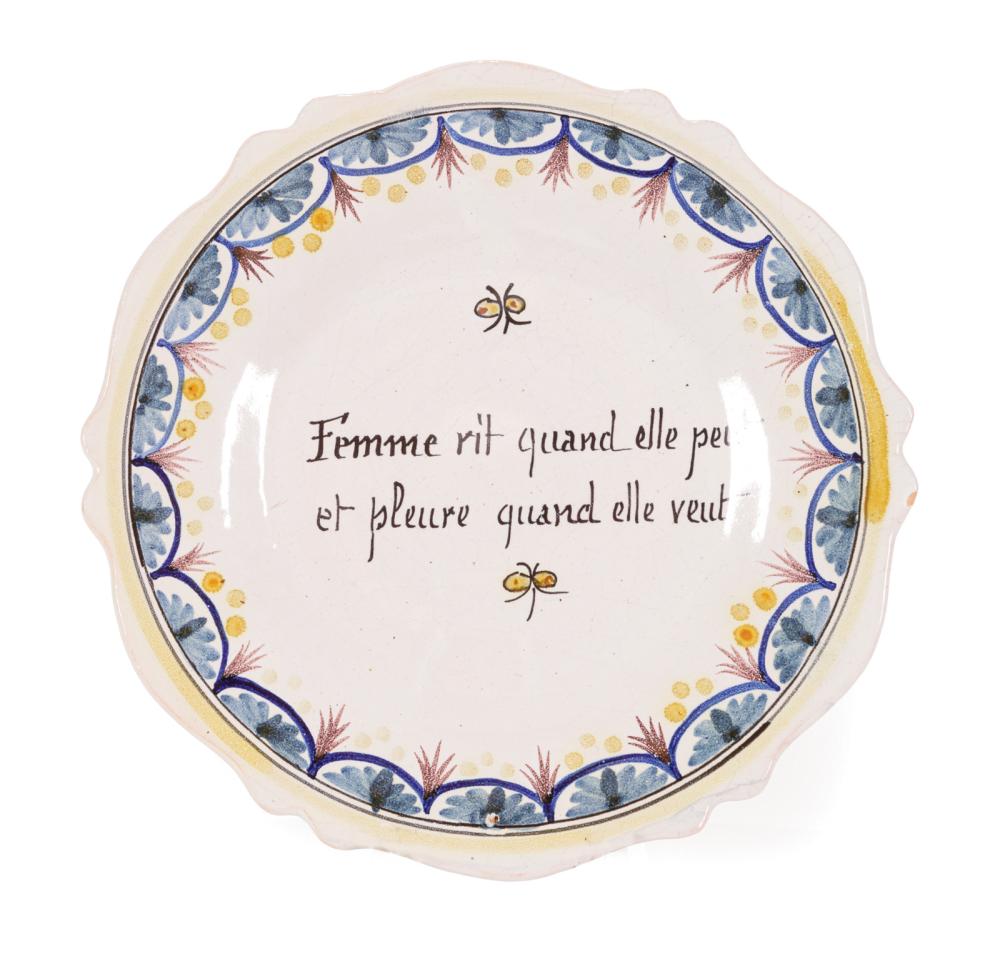 Appraisal: French Faience Plate reserve with quote by Jean Antoine de