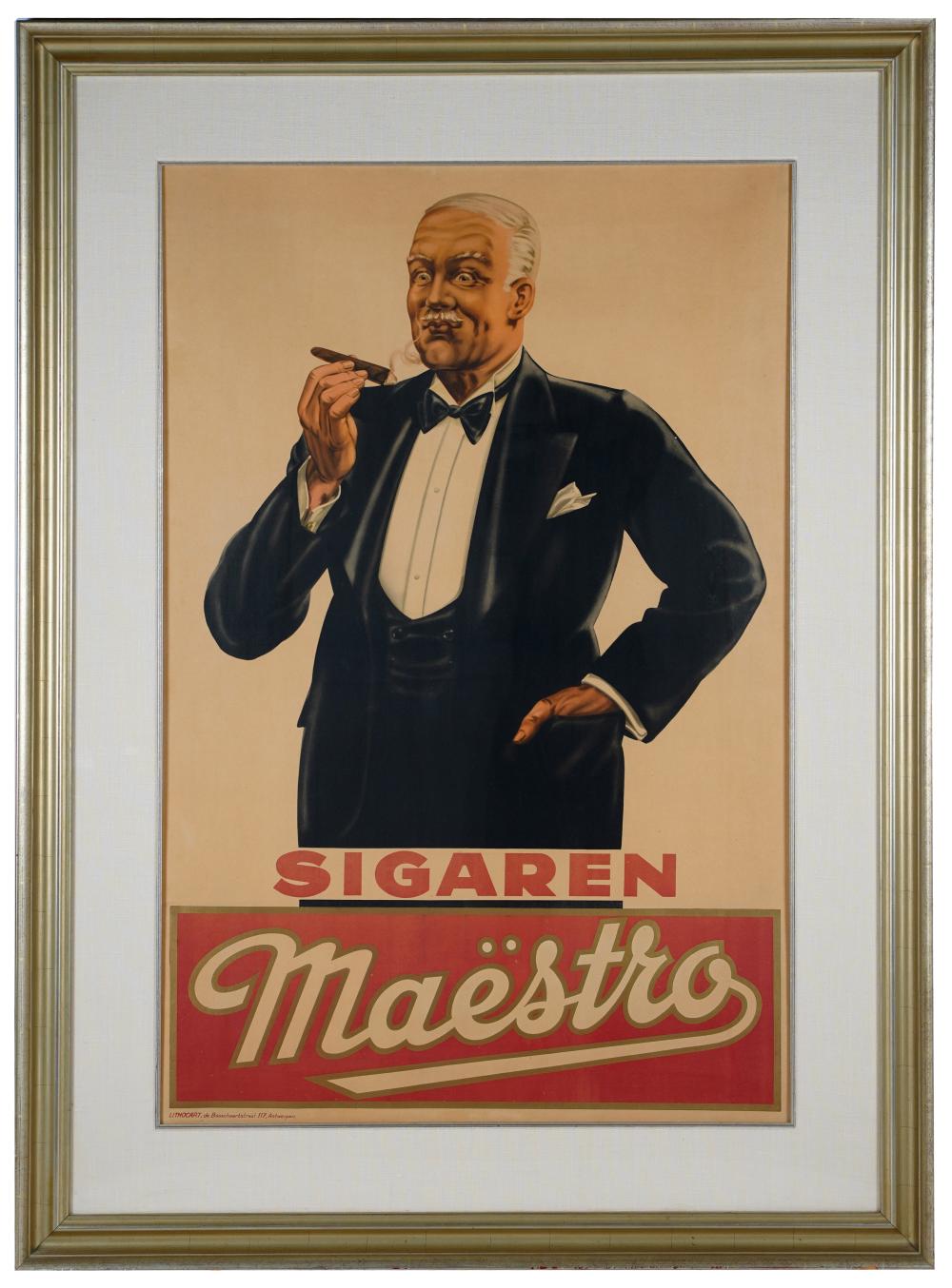 Appraisal: SIGAREN MAESTRO BELGIAN CIGAR ADVERTISING POSTERcolor lithograph printer's notation lower