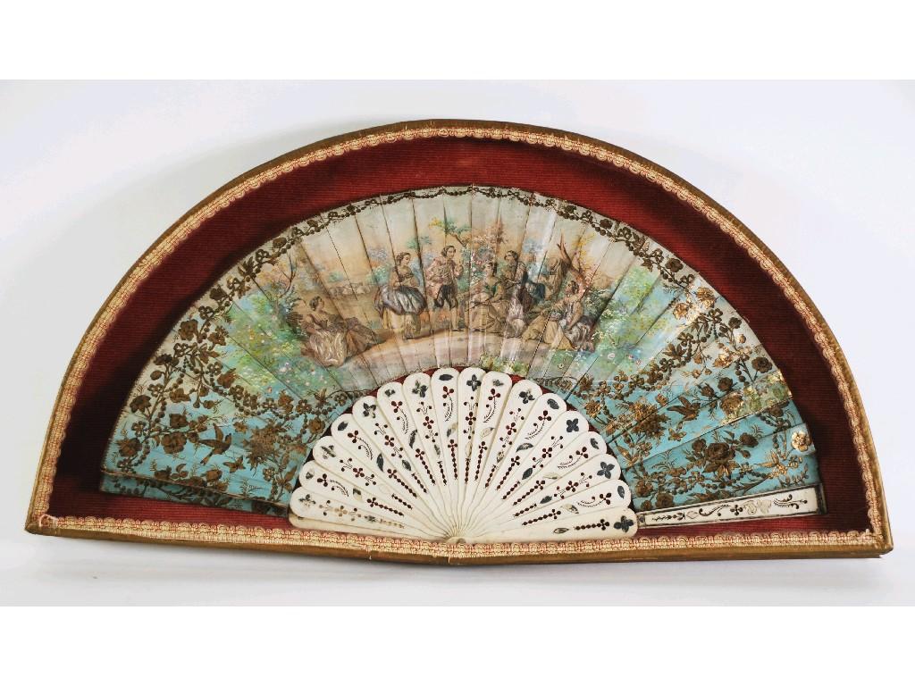 Appraisal: PROBABLY SPANISH PIERCED BONE AND PAINTED FABRIC BRISE FAN scene