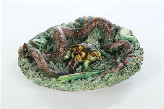 Appraisal: JOSE CUNHA MAJOLICA SNAKE PLATE Palissy style plate with snakes