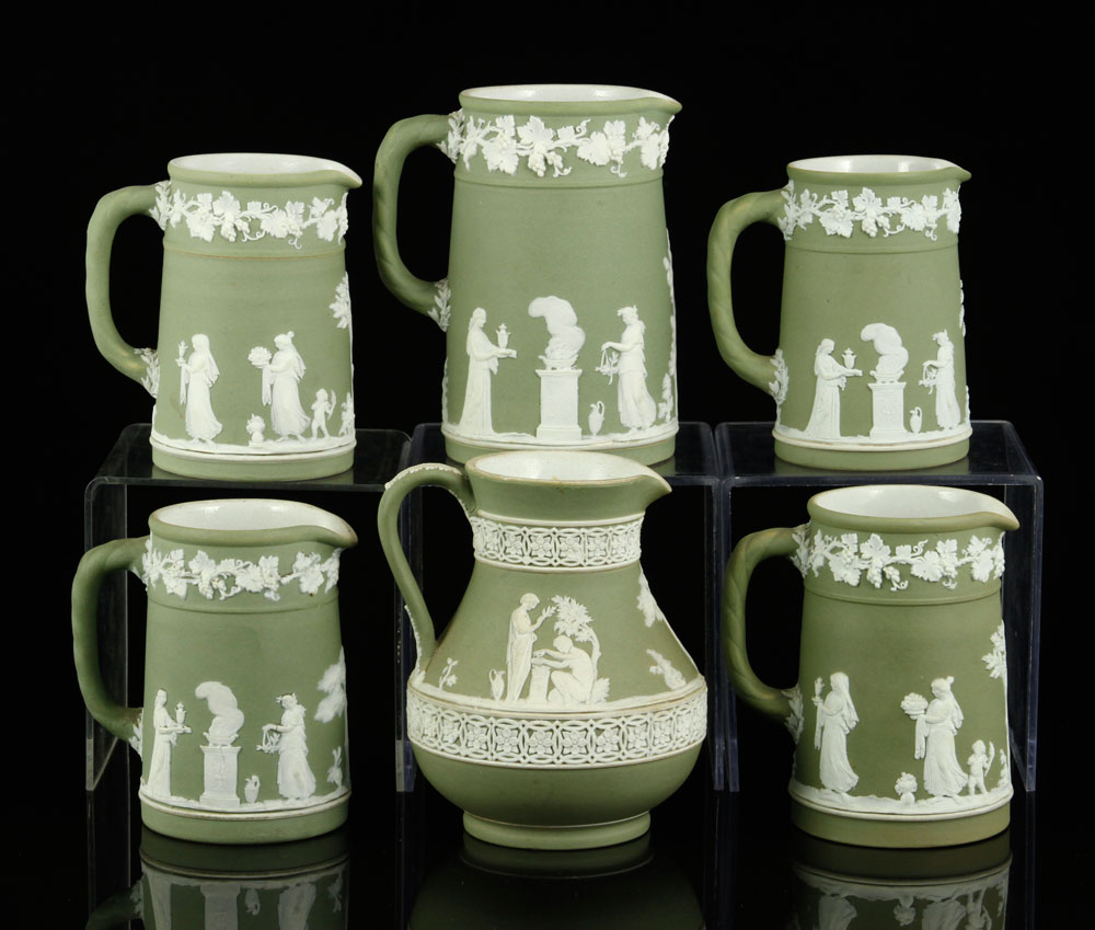 Appraisal: - Wedgwood Jasperware Pitchers Lot of six Wedgwood Jasperware green