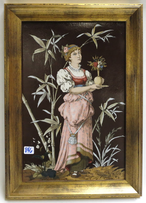 Appraisal: FRAMED METTLACH ETCHED POTTERY PLAQUE Woman Holding Flowers signed Warth