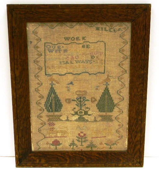 Appraisal: Elizabeth Miller needlework sampler prayer at top trees with birds