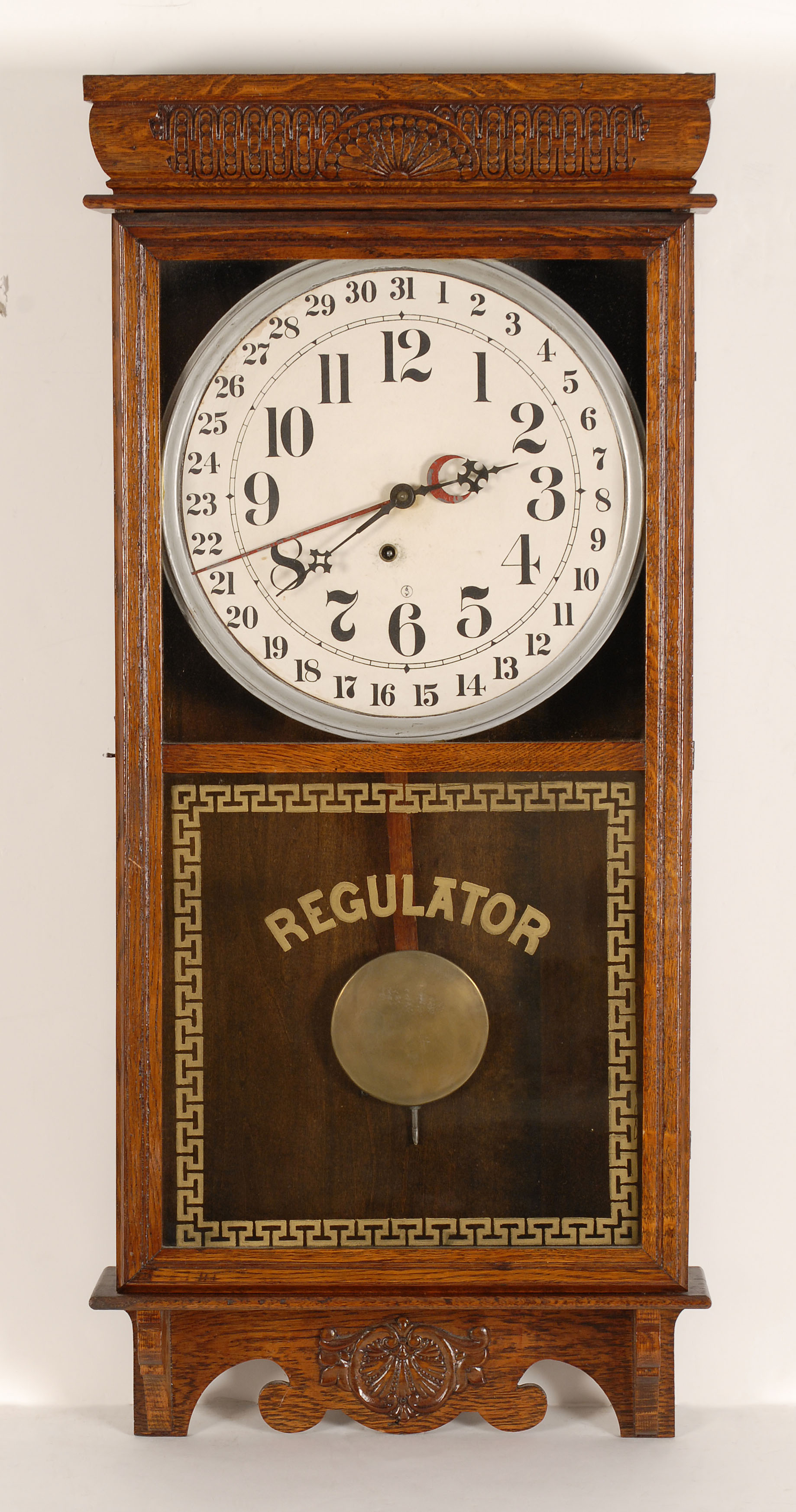 Appraisal: REGULATOR WALL CLOCK Late th CenturyOak case with foliate design