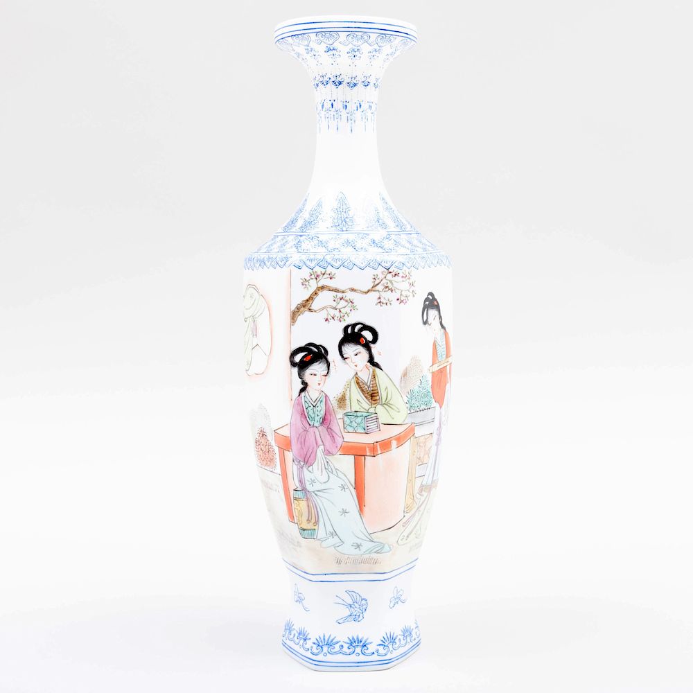 Appraisal: Chinese Eggshell Porcelain Hexagonal Vase with Beauties in Pursuits Seal