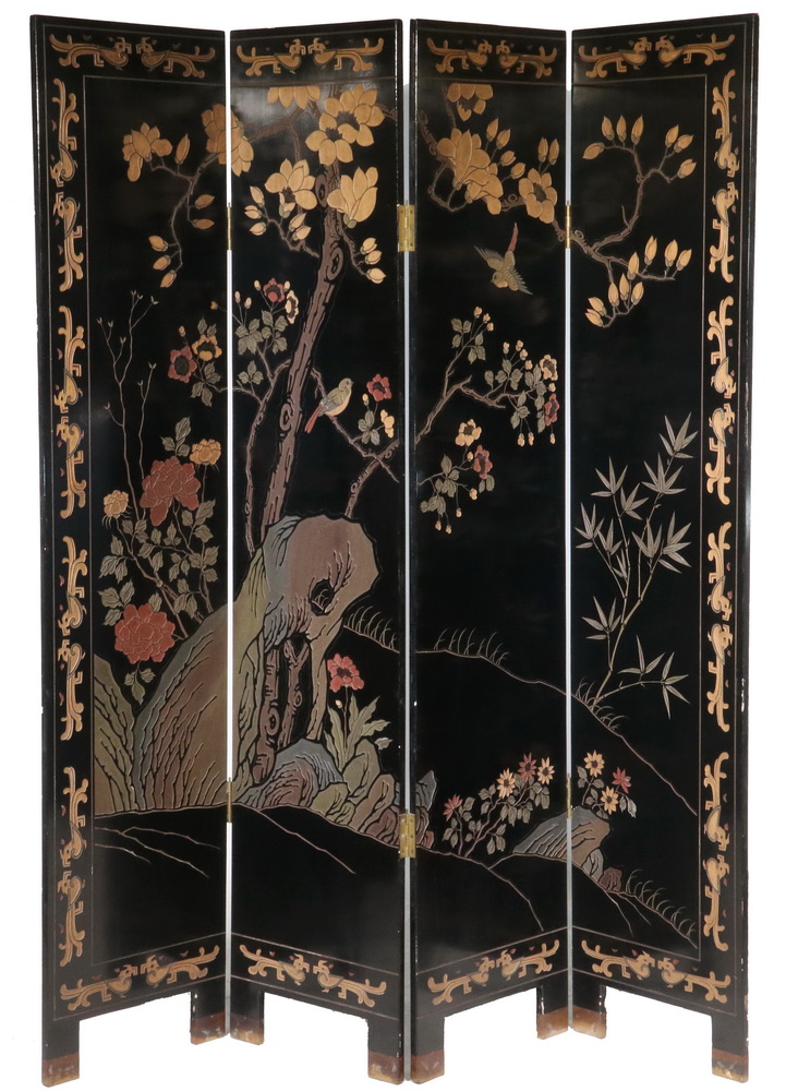 Appraisal: CIRCA LACQUERED CHINESE FOLDING SCREEN Four-fold Black Lacquered Panel Screen