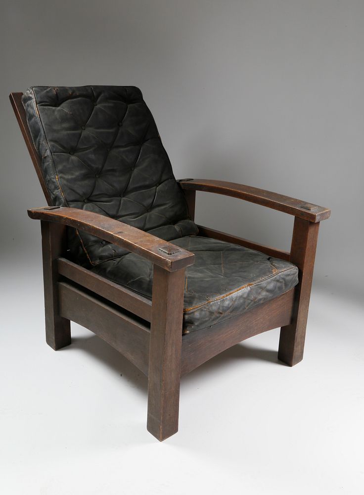 Appraisal: Gustav Stickley Reverse Tapered Bow-Arm Morris Chair Craftsman Workshops of