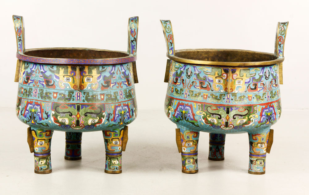 Appraisal: - Pr Cloisonn Jardini res Pair of large handled cloisonn