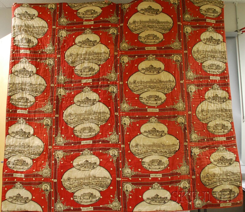 Appraisal: Centennial International Exhibition Philadelphia Printed Cotton Panel Quilt stains x