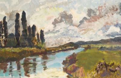 Appraisal: th Century School River Landscape oil on board cm x