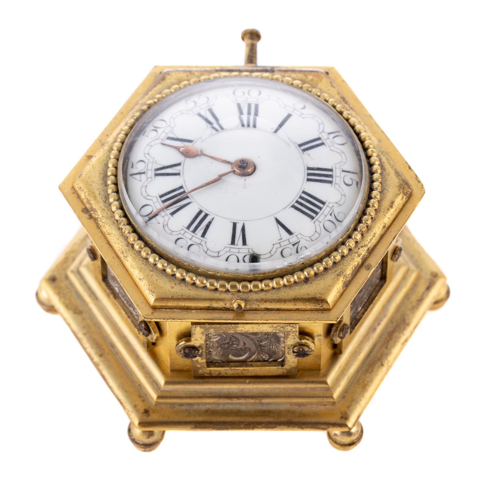 Appraisal: CONTINENTAL BRASS DESK CLOCK th century hexagonal form with etched