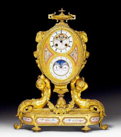 Appraisal: IMPORTANT CLOCK AUX BELIERS WITH MOONPHASE late Louis XVI the