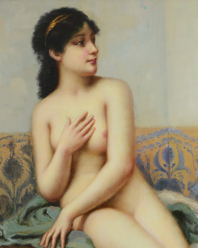 Appraisal: NEOCLASSICAL STYLE PAINTING OF A NUDE MAIDEN Oil Canvas mounted