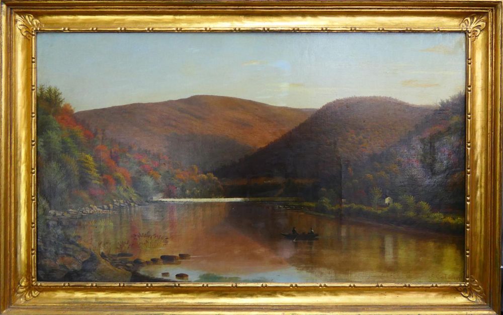 Appraisal: LARGE OIL ON CANVAS OF A LAKE SCENE SIGNED ENTIMAN