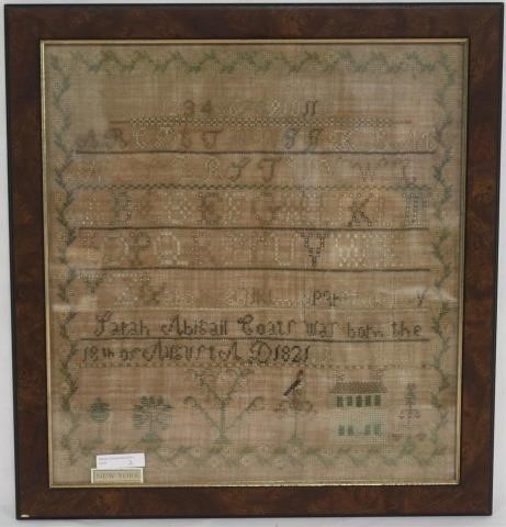 Appraisal: EARLY TH C AMERICAN NEEDLEWORK SAMPLER WROUGHTBY SARAH ABIGAIL COATS