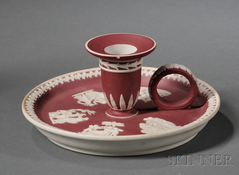 Appraisal: Wedgwood Crimson Jasper Dip Chamberstick England c applied white classical