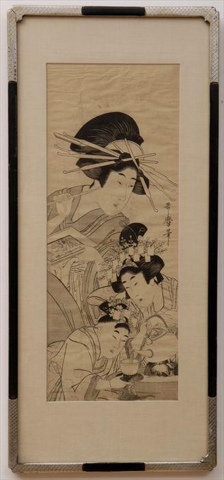 Appraisal: JAPANESE KAKEMONO WOODBLOCK PRINT The vertical panel with lady holding