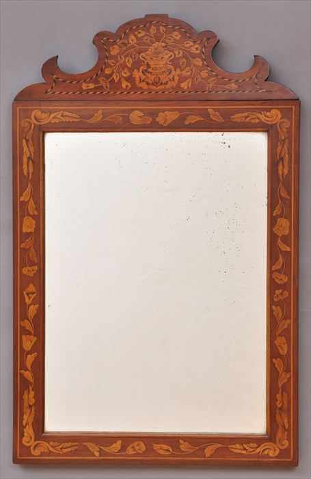 Appraisal: DUTCH LATE BAROQUE-STYLE MARQUETRY-INLAID WALNUT MIRROR The plate within floral-stem