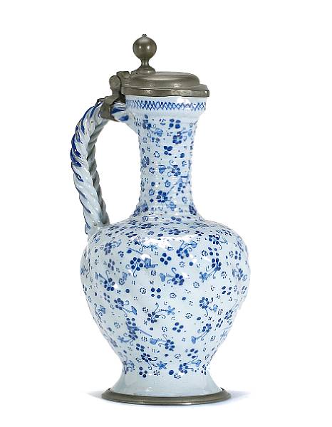 Appraisal: A German faience pewter mounted ewer enhalskrug late th century