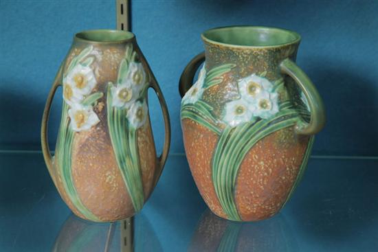 Appraisal: TWO ROSEVILLE POTTERY VASES Both in Jonquil pattern One tapered