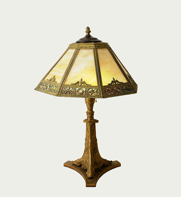 Appraisal: BRADLEY HUBBARD SLAG GLASS TABLE LAMP Cast iron base gold