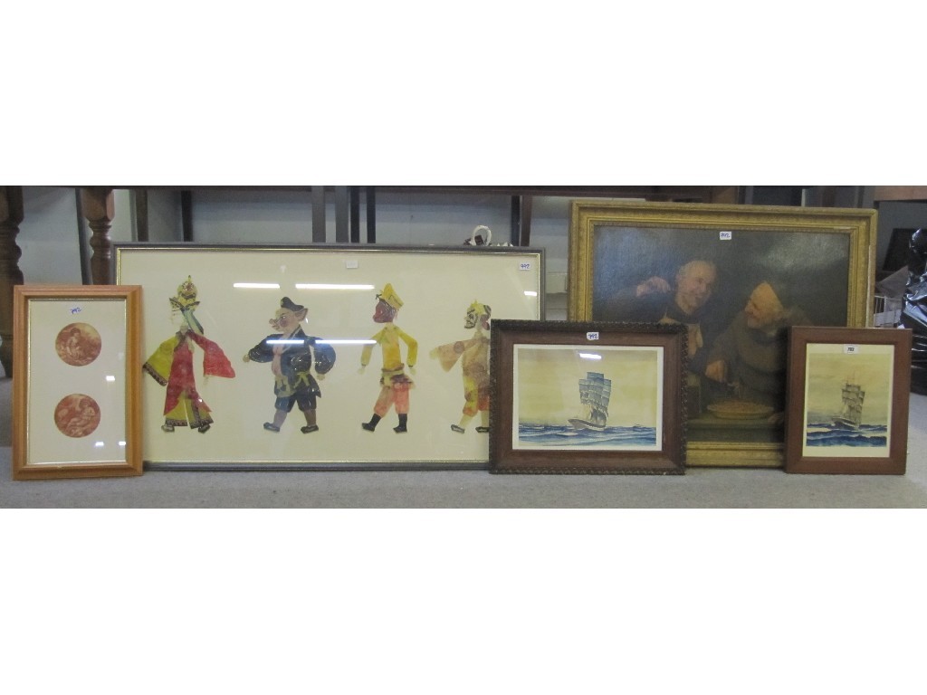 Appraisal: Framed set of shadow puppets two watercolour ship scenes etc