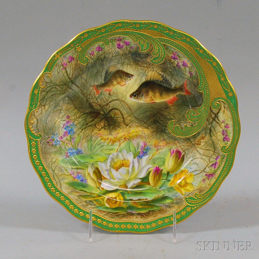 Appraisal: Cauldon Hand-painted and Gilt-decorated Perch Fish Plate signed S Pope