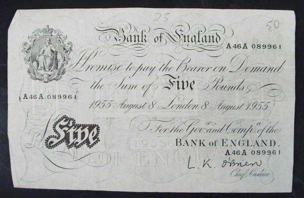 Appraisal: White Bank of England note O'Brien No A A