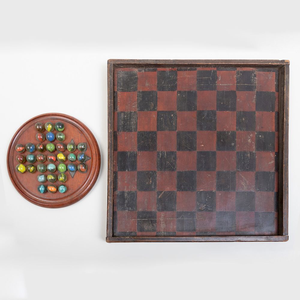 Appraisal: Folk Art Painted Wood Checkerboard and a Marble Solitaire Game