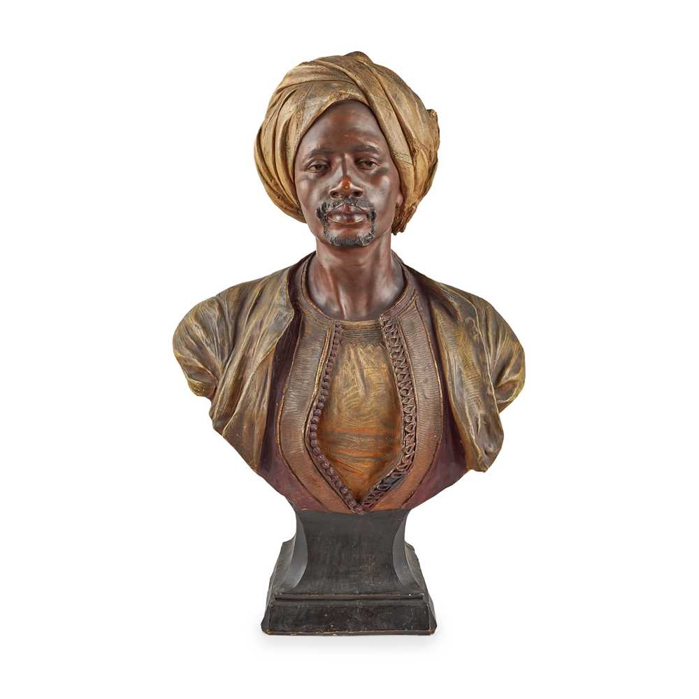 Appraisal: GOLDSCHEIDER POLYCHROME-TINTED TERRACOTTA BUST OF A NORTH AFRICAN MAN LATE