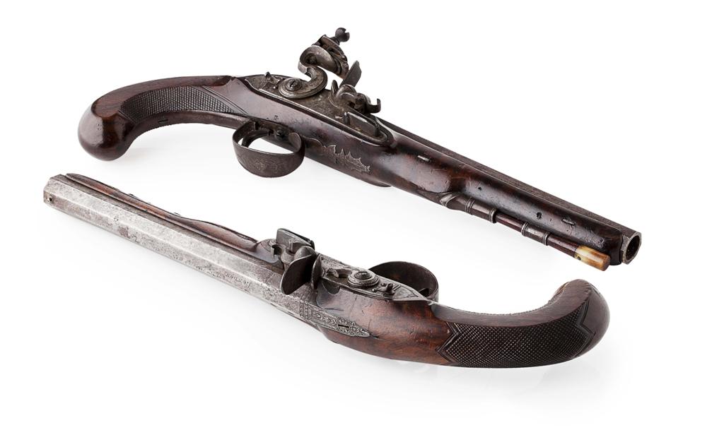 Appraisal: PAIR OF FLINTLOCK DUELLING PISTOLS CIRCA the bolted locks signed