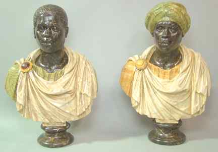 Appraisal: PAIR OF MARBLEIZED RESIN BLACKAMOOR BUSTS each with classical drapery