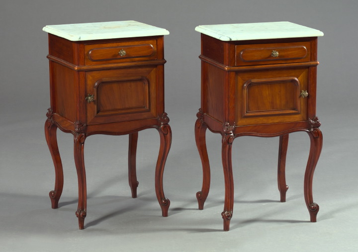 Appraisal: Pair of French Louis XV-Style Marble-Top Fruitwood Bedside Commode Stands