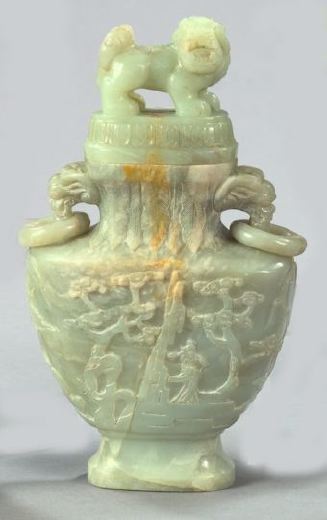 Appraisal: Kuang Hsu Carved Pale Celadon Serpentine Ring-Handled Covered Vase first