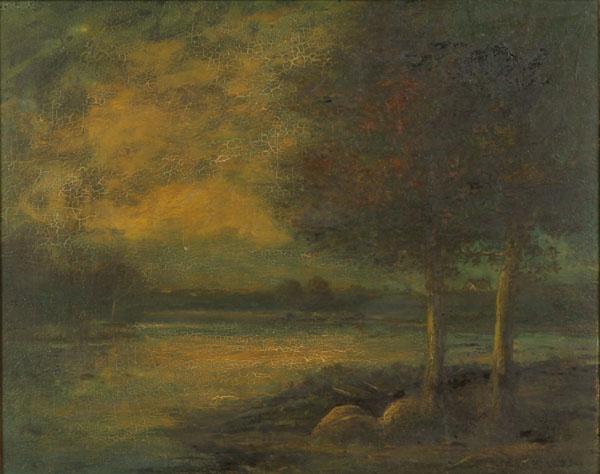 Appraisal: Nineteenth century landscape with trees on shoreline and house in