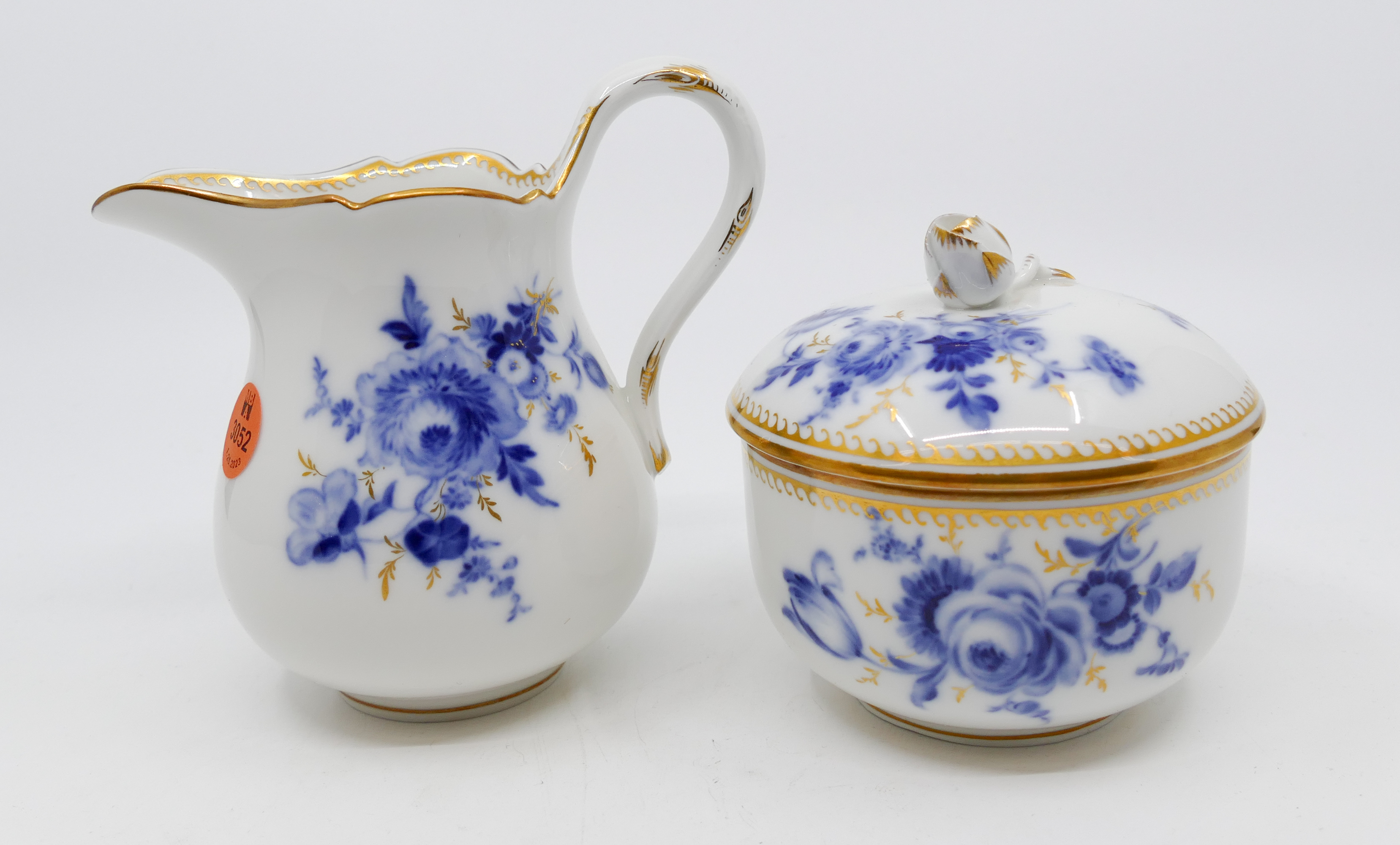 Appraisal: Meissen Blue Flowers Porcelain Creamer Sugar Bowl Gilt decoration rose