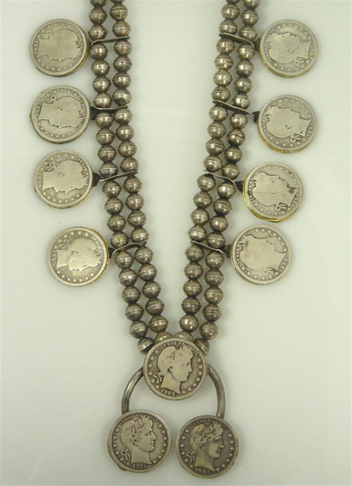 Appraisal: Silver coin squashblossom necklace set with - American Liberty head