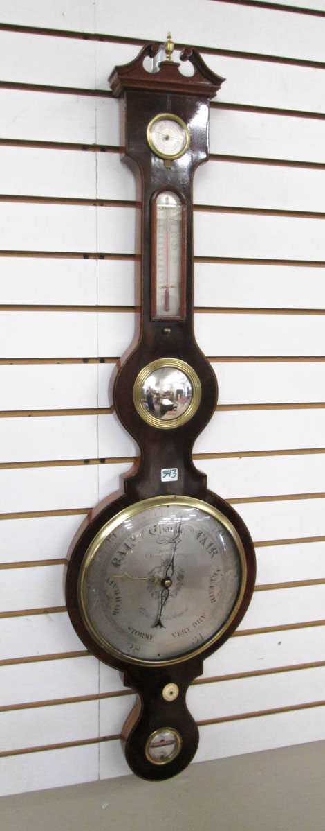 Appraisal: LATE REGENCY MAHOGANY AND LINE INLAID WHEEL BAROMETER Gt Warner